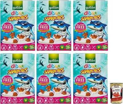 Produktbild von 6x Gullón Gluten Free Sharkies Dibus,Glutenfreie Kinderkekse,Kakaokekse,Packung mit 250g + Italian Gourmet Polpa di Pomodoro 400g Dose