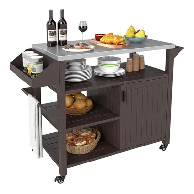 Produktbild von GOPLUS Grillwagen Outdoor, BBQ Grilltisch mit großer Arbeitsfläche, Servierwagen Edelstahl mit 3 Ablagen, 4 Rollen, Schrank & Griff, Braun + Silber