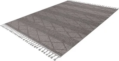 Produktbild von Lalee Tunis Flachwebteppich Bohème Teppich Hoch- und Niederflor 3d mit großen Fransen zeitlos 80x150cm grau silber