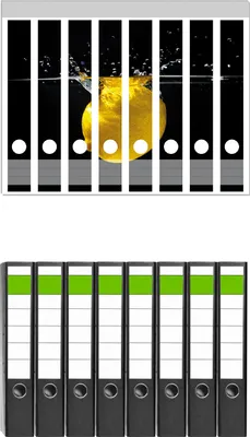 Produktbild von Wallario 8 Stück schmale Ordner inkl. Klebeetiketten mit Motive Zitrone im Wasser - Frisches Obst für die Küche -  Set mit Rückenschildern / Ordnerrücken Stickern