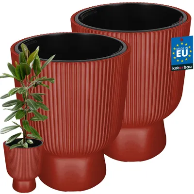 Image de KOTARBAU® - Lot de 2 pots de fleurs, diamètre 39 cm, pots pour orchidées, pots de décoration avec pot intérieur, pots de plantes avec socle, à motifs rainurés, forme de calice, jardinières en plastique de couleur cuivre