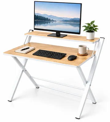 Productafbeelding van Relaxdays Bureau, monitorhouder, inklapbaar, hoogte x breedte x diepte: 82 x 70 x 56 cm, MDF, metaal, inklapbaar bureau, naturel/wit, AI-gegenereerde afbeelding