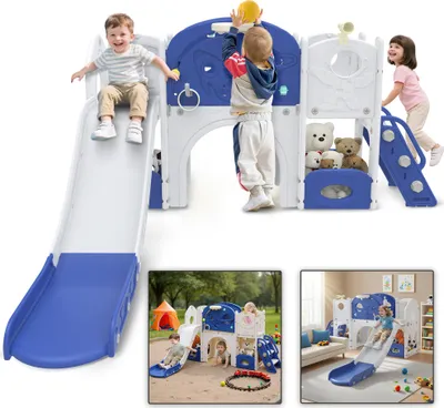 Image de LARS360 Toboggan d'escalade pour enfants 8 en 1 - Toboggan, tour d'escalade, tunnel, panier de basket, espace de rangement, maison de jeu pour intérieur & extérieur enfants Set de jeu