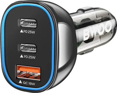 Image de Bwoo, chargeur USB-C 25 W + chargeur USB pour voiture 18 W, recharge rapide avec LED, noir transparent
