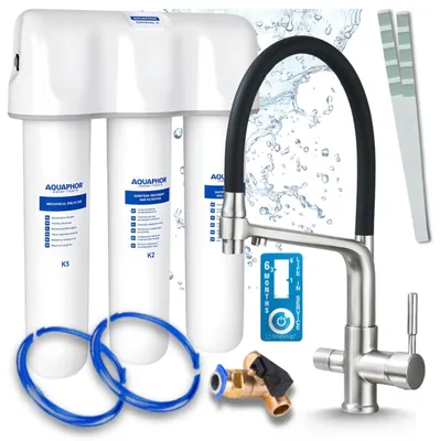 Immagine prodotto di Rubinetto da cucina a tre vie, flessibile, in acciaio inossidabile, con doccetta estraibile. Include sistema di filtraggio dell'acqua Aquaphor e unità di installazione sottolavello