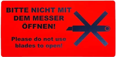 Produktbild von 50 Rote Hinweisetiketten "Nicht mit Messer öffnen" für sicheren Versand von Paketen und Kartons, 100x50mm