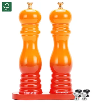 Produktbild von Salz und Pfeffermühle Set Hochglanz Orange 22 cm – Akazienholz – Manuell – Keramik- & Stahlmahlwerk – Einstellbar – Geschenkbox – Hermanos®