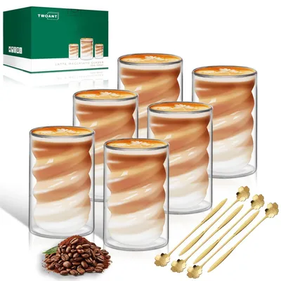 Produktbild von Latte Macchiato Gläser Doppelwandig 400ml 6er Pack mit 6 Löffeln Borosilikatglas Spiralförmig