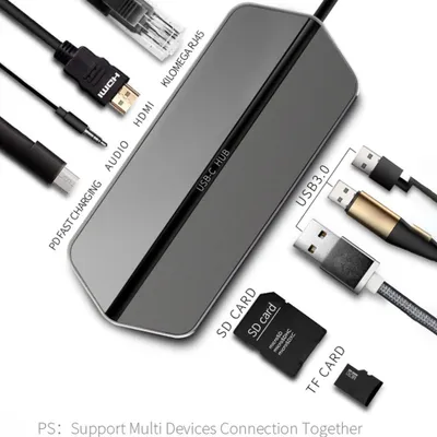 Obrázek produktu pro T19 Adaptér PD Nabíječka 4K HD Čtečka SD karet 3 porty USB 3.0 Typ C Dokovací stanice 9 v 1 stříbrná bílá