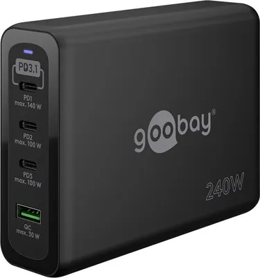 Zdjęcie produktu dla Goobay 65885 USB-C™ PD GaN wieloportowa szybka ładowarka (240 W) czarna, czarna, 1,5 m - 3x złącze USB-C™ (Power Delivery) i 1x złącze USB-A