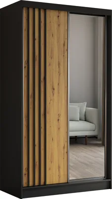 Produktbild von Masseno Schiebetürenschrank NELVIA 120 cm Kleiderschrank mit 2 Schubladen Schlafzimmer Schrank 2-türig mit Spiegel und Lamellen Schwarz