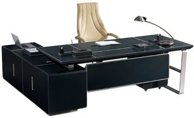 Produktbild von Leder-Eckschreibtisch in Grau mit MDF und Edelstahl, modern