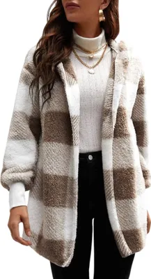 Produktbild von ASKSA Damen Teddyjacke Color Blocked Teddyfleece Jacke Fashion Casual Wintermantel Jacken,Khaki,L