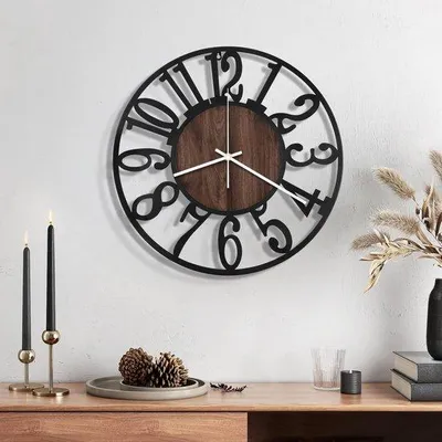 Image de Horloge murale ronde Unyqoos® au design rétro, en métal et en bois, avec un mécanisme silencieux, de couleur marron, diamètre 30 cm – idéale pour décorer le salon et la chambre