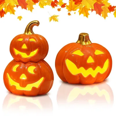 2er-Set Keramik-Kürbisse mit LED, Halloween-Deko, 8–12 cm