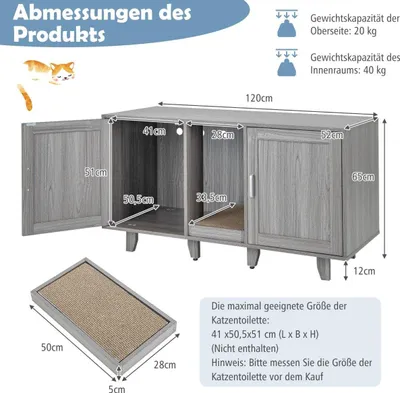 Produktbild von Katzentoilettenschrank mit Kratzbrett und Doppeltüren, Grau
