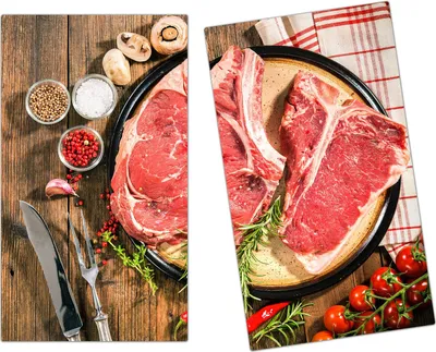 Produktbild von Spritzschutz Herdabdeckplatte Schneidebrett aus Glas Rindersteak und Gewürze 2-Teilig (60x52cm)