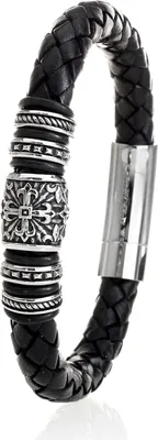 Produktbild von Karisma Hochwertiges Geflochtenes Herren Leder Armband Schwarz - Edelstahlelemente Motiv Lilienkreuz 316L LB-418-01 - 22.5 Zentimeter