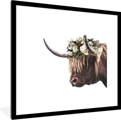 Produktbild von MuchoWow® MuchoWow® Gerahmtes Poster Schottisches Hochlandrind - Blätter - Hörner 40x40 cm - Poster mit zchwarzem Bilderrahmen - Poster - Plakat im Rahmen