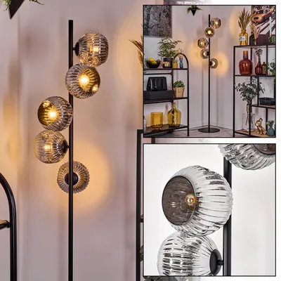 Produktbild von Villamare Stehlampe aus Metall/Riffelglas in Schwarz/Chrom/Rauch, Retro-Design