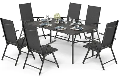 Immagine prodotto di Set di mobili da giardino per 6 persone, in alluminio nero. Include 7 elementi: 6 sedie con schienale regolabile e un tavolo di dimensioni 170x96,5 cm