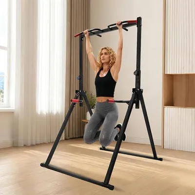 Imagen del producto de Barra de dominadas independiente, plegable, torre de ejercicios multifuncional, estación de flexiones y dominadas, con altura ajustable, equipo de entrenamiento físico para uso doméstico, con capacidad de carga de hasta 200 kg, estructura triangular, estable