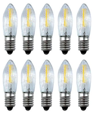 Produktbild von 10 Stück: LED Filament Topkerzen 24V 0,2W E10 – Ersatzkerzen für Schwibbogen & Lichterkette mit 10 Brennstellen, Riffelkerze Spitzkerze Warmweiß Weihnachtsbeleuchtung