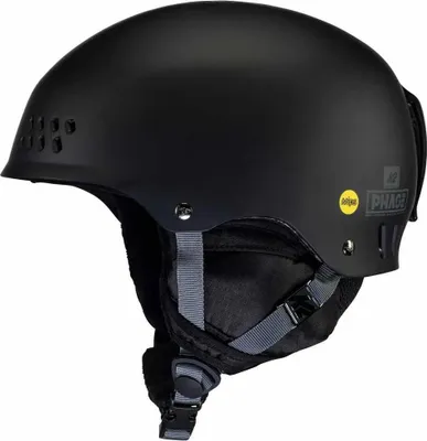 A black ski helmet on a white background.