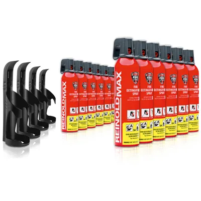 Produktbild von XENOTEC Premium Feuerlöschspray – 12 x 750ml – 4 Wandhalter - Stopfire – Autofeuerlöscher – REINOLDMAX – inklusive Wandhalterung schwarz – wiederverwendbar