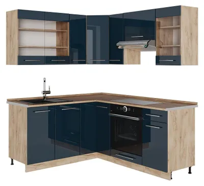 Obrázek produktu pro Kuchyňské skříňky Vicco Fame-Line Tmavě modrá s vysokým leskem/Zlatý mocný dub 190 x 160 cm bez pracovní desky, Model 49785