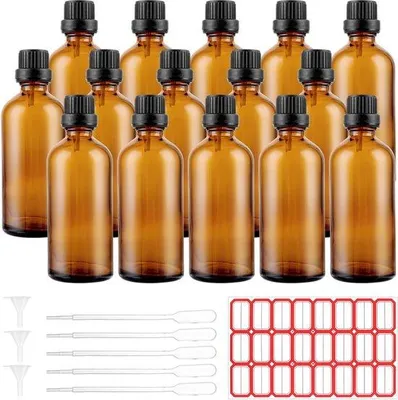 Productafbeelding van Bruine glazen flesjes van 100 ml, 15 stuks. Pipetflesjes voor etherische oliën