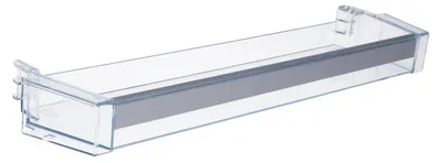 A clear plastic refrigerator door shelf with a gray accent strip.