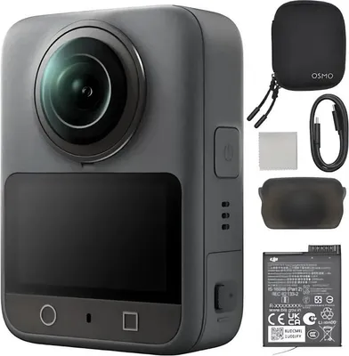 A product shot of a 360 camera and its accessories.