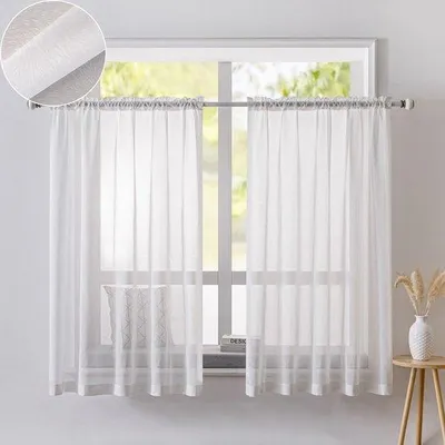 Produktbild von Ibenzoa® 2er-Set weiße Voile-Gardinen 65 x 60 cm | halbtransparent, 100% Melkgarnstoff, Stangentasche oder Gardinenclips (ohne Clips) – für kleine Fenster in Küche & Wohnzimmer
