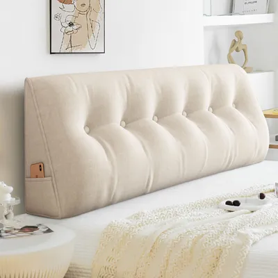 Obrázek produktu pro (200 cm, béžová) Velký trojúhelníkový polštář na opěrku hlavy pro postel a pohovku - klínový polštář na podporu zad s odnímatelným potahem pro relaxaci, hraní her a čtení