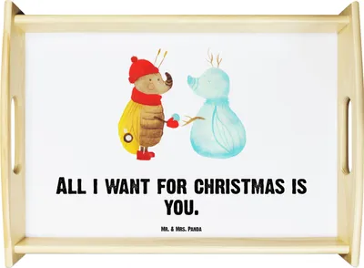 Produktbild von Mr. & Mrs. Panda sofatablett Nachtfalter Schneemann - Weiß - Geschenk, Servier Tablett, Weihnachten, betttablett, Winter, Schnee, Weihnachtsgruß, holz, Sofa