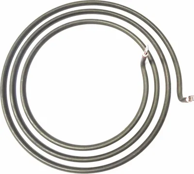 A heating element coiled into a circular shape, isolated on a white background.
