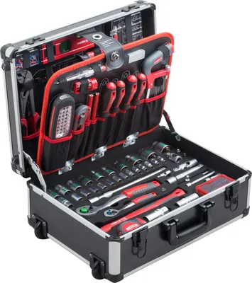 Produktbild von Meister Werkzeugtrolley 156-teilig - Werkzeug-Set - Mit Rollen - Teleskophandgriff / Profi Werkzeugkoffer befüllt / Werkzeugkiste fahrbar auf Rollen / Werkzeugbox komplett mit Werkzeug