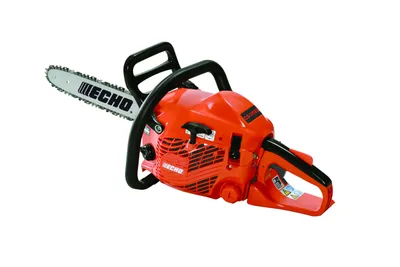 A product shot of a chainsaw on a white background.