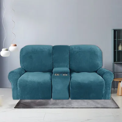 Produktbild von 8-teiliger Stretch Samt Hussen Recliner Sofabezug mit Getränkehaltern,Dicke Plüsch Liegesofa 2-Sitzer Recliner-Abdeckung,Blau