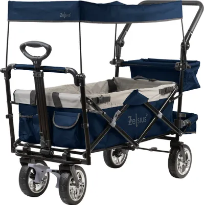 Produktbild von Zelsius Bollerwagen faltbar mit Dach, Blau / Grau, Transportwagen mit Gurtsystem, Strandbollerwagen