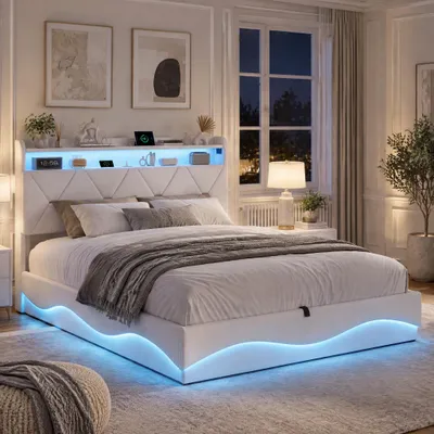 Zdjęcie produktu dla Łóżko tapicerowane INONEFT, 140x200 cm, z oświetleniem LED i portami USB, z hydraulicznym podnoszeniem do przechowywania, łóżko młodzieżowe z pojemnikiem w zagłówku, obite welurem w kolorze beżowym