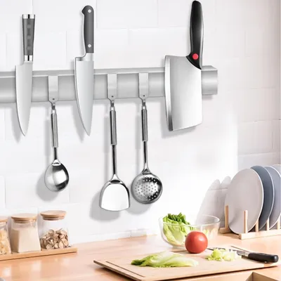 Magnetische Messerhalterung 40 cm, Edelstahl, 3 Haken, Antirutschmatte