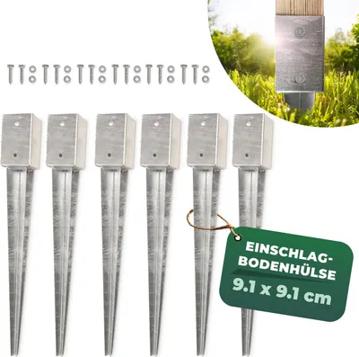 Produktbild von Novatool 6x Einschlagbodenhülsen-Set 91x91x750 mm, Bodenhülse Sonnenschirm Pfostenträger Zaunpfosten Holzpfosten Bodenhülsen Einschlaghülse Bodenanker Erdspieß zum Einschlagen, verzinkt, mit Schrauben
