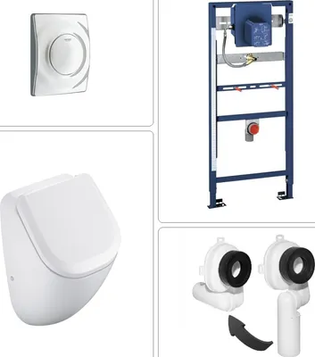 Produktbild von VIGOUR DERBY Urinal Pissoir spülrandlos mit SoftClose Deckel, Grohe Vorwandelement und Betätigungsplatte, matt chrom