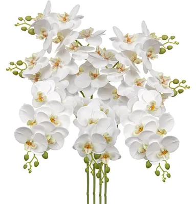 Zdjęcie produktu dla Sztuczne kwiaty, gałązka storczyków Phalaenopsis, 9 kwiatów, kolor biały, zestaw 4 sztuk