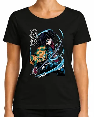 Imagen del producto de Camiseta negra para mujer, diseño de Giyu Tomioka, cazador de demonios, "Katanas de agua", estilo anime, ideal para coleccionistas, talla S