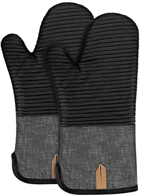Produktbild von Ofenhandschuhe hitzebeständig - Extra lange Baumwollhandschuhe mit Antirutsch-Silikon, Set von 2