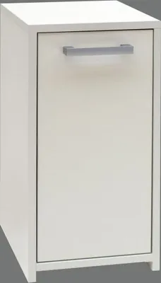 A white cabinet with a silver handle.