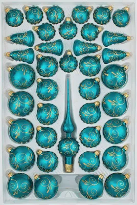 Produktbild von 39 tlg. Glas-Weihnachtskugeln Set in "Ice Petrol-Türkis Goldene Ornamente"